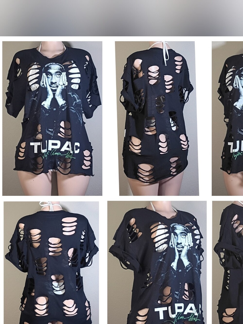 Black Custom Distressed Tupac Graphic Women’s Tee